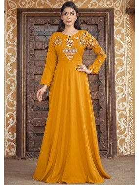 Readymade Yellow Embroidered Cotton Gown