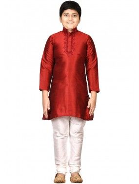 Red Readymade Embroidered Kurta Set For Kids