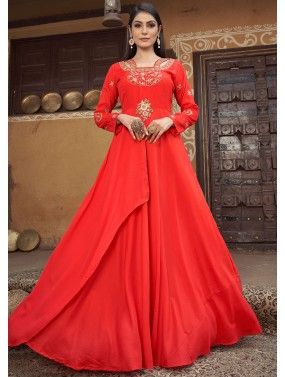 Readymade Red Embroidered Cotton Gown