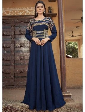 Navy Blue Embroidered Gown In Cotton
