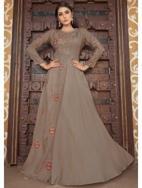 Brown Embroidered Overlapped Gown