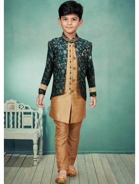Green & Brown Readymade Jacket Style Kids Sherwani Set