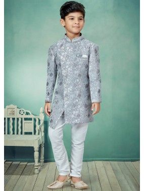 Grey Readymade Woven Asymmetric Kids Sherwani Set