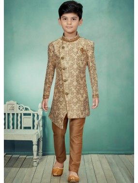 Golden Readymade Asymmetric Kids Sherwani Set