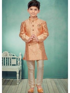 Orange Readymade Woven Kids Sherwani Set