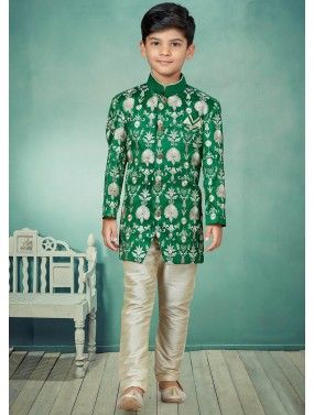 Green Embroidered Readymade Kids Indo Western
