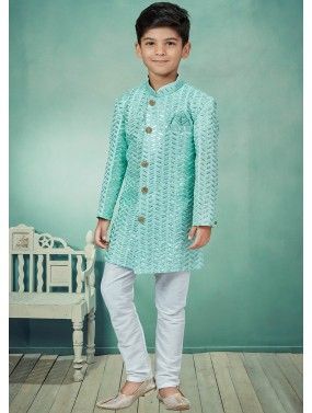 Turquoise Embroidered Readymade Kids Sherwani Set