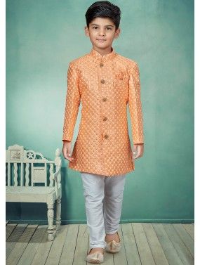 Orange Readymade Embroidered Kids Sherwani Set