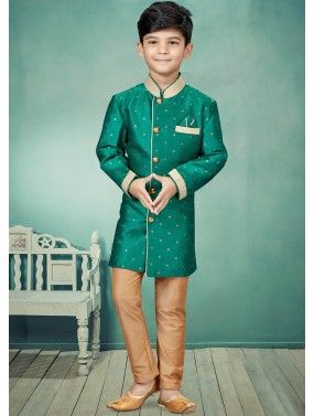 Green Woven Readymade Kids Indo Western