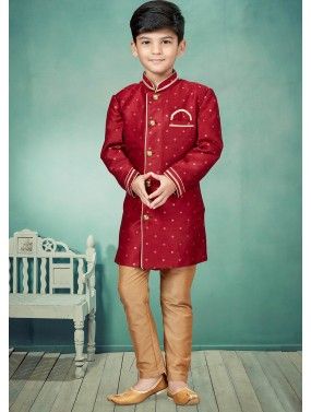 Red Readymade Woven Kids Indo Western