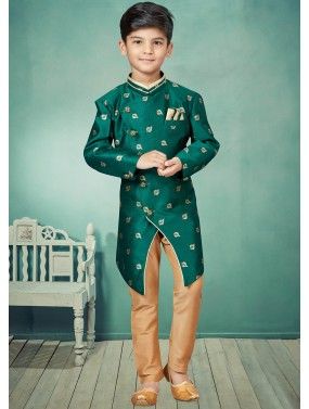 Green Readymade Woven Kids Indo Western