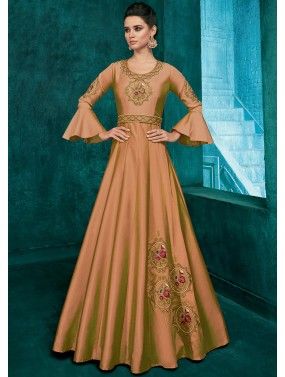 Brown Embroidered Readymade  Art Silk Gown