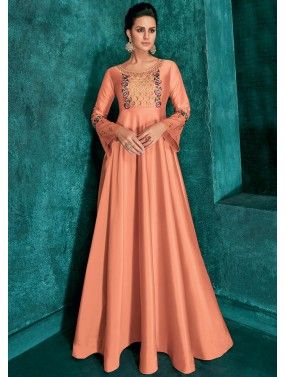 Peach Readymade Embroidered Gown In Art Silk