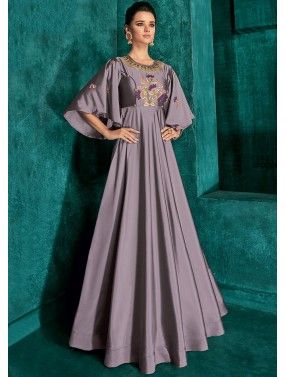 Purple Readymade Art Silk Gown In Embroidery