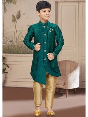 Green Readymade Kids Jacket Style Sherwani Set 