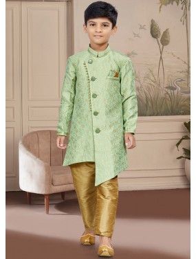 Green Asymmetric woven Readymade Kids Sherwani Set