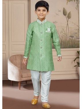Green Readymade Printed Kids Embroidered Sherwani Set 