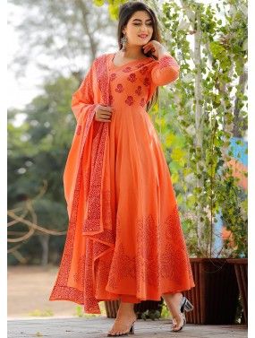 Orange Hand Block Printed Readymade Anarkali Suit