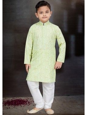 Readymade Green Cotton Printed Kids Kurta Pajama