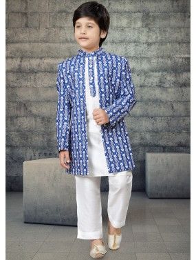 White Readymade Woven Art Silk Jacket Style Kids Sherwani 