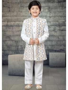 White Readymade Wove Long Jacket Kids Sherwani In Art Silk