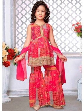 Pink Readymade Embroidered Georgette Kids Sharara Suit