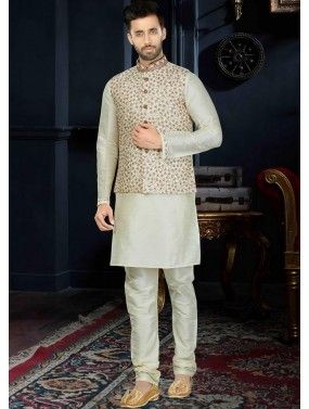 Readymade Off White Art Silk Kurta Set With Nehru Jacket