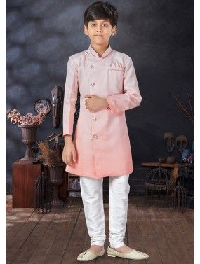 Pink Shaded Art Silk Kids Sherwani Set
