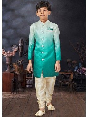Turquoise Shaded Kids Sherwani In Art Silk