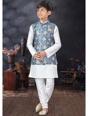 White Plain Dupion Silk Nehru Jacket Kids Sherwani 