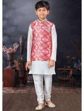 White Plain Dupion Silk Nehru Jacket Kids Sherwani 