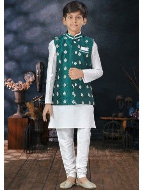 White Plain Nehru Jacket Kids Sherwani In Dupion Silk