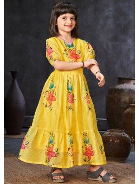 Yellow Floral Printed Kids Dress