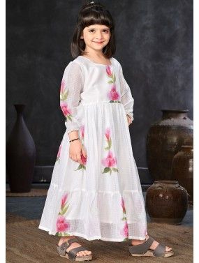 White Floral Printed Kids Dress