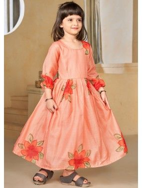 Peach Floral Printed Kids Dress