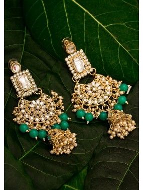 Stone Studded Golden and Green Jhumka Earrings