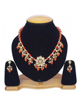 Orange Beaded Necklace With Earrings