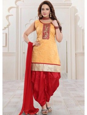 Golden Readymade Punjabi Suit In Art Silk