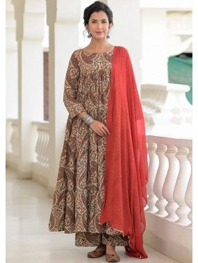 Beige Floral Printed Readymade Cotton Anarkali Suit