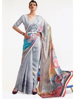 Silver Abstract Print Saree With Blouse