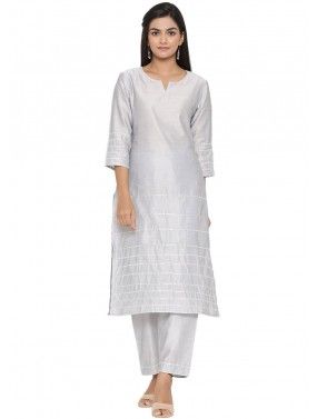 Grey Gotta Embellished Readymade Suit In Cotton