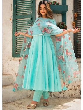 Readymade Turquoise Anarkali Style Pant Suit