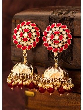 Stone Studded Red Jhumka Earrings