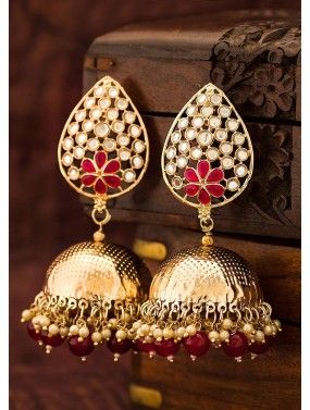 Stone Studded Jhumka Earrings In Red