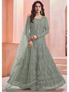Embroidered Grey Anarkali Style Suit With Dupatta