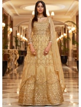 Golden Embroidered Net Anarkali Salwar Suit
