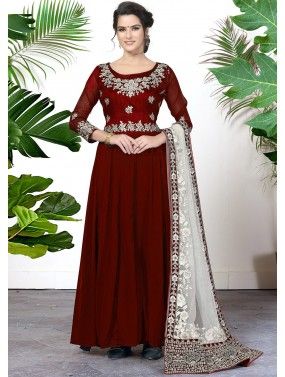 Red Embroidered Georgette Anarkali Style Suit