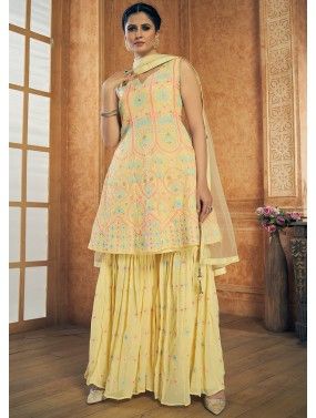 Yellow Readymade Embroidered Festive Gharara Suit