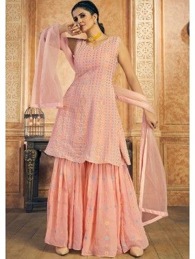 Readymade Peach Embroidered Gharara Suit With Dupatta