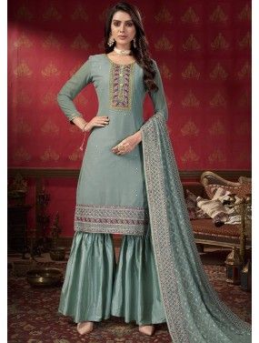 Blue Georgette Embroidered Kameez With Gharara